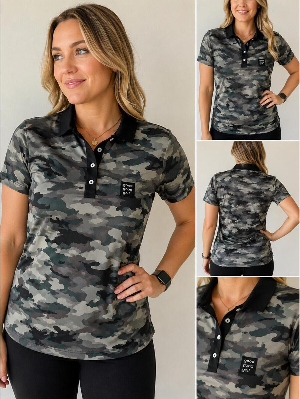 Good Good Golf Women’s Camo Performance Golf Polo Shirt Gray Black Size 2XL